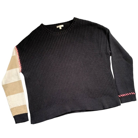Lisa Todd Contrast Knit Stripe Sleeve Sweater Black Boxy Cotton Acrylic Ribbed - Picture 1 of 10